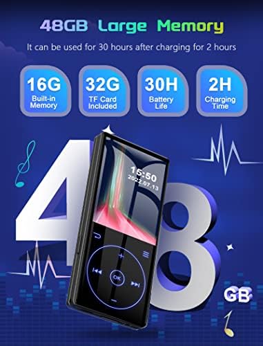 48 GB MP3-плейър с Bluetooth 5.0: Преносим музикален плеър без загуба на звук с HD-високоговорител, 2.4-инчов экранный
