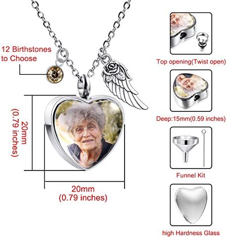 MeMeDIY Персонализирани Медальон във формата на Крило на Ангел, Колие със Сърдечна Урной, Гравиране на Снимка/Името,